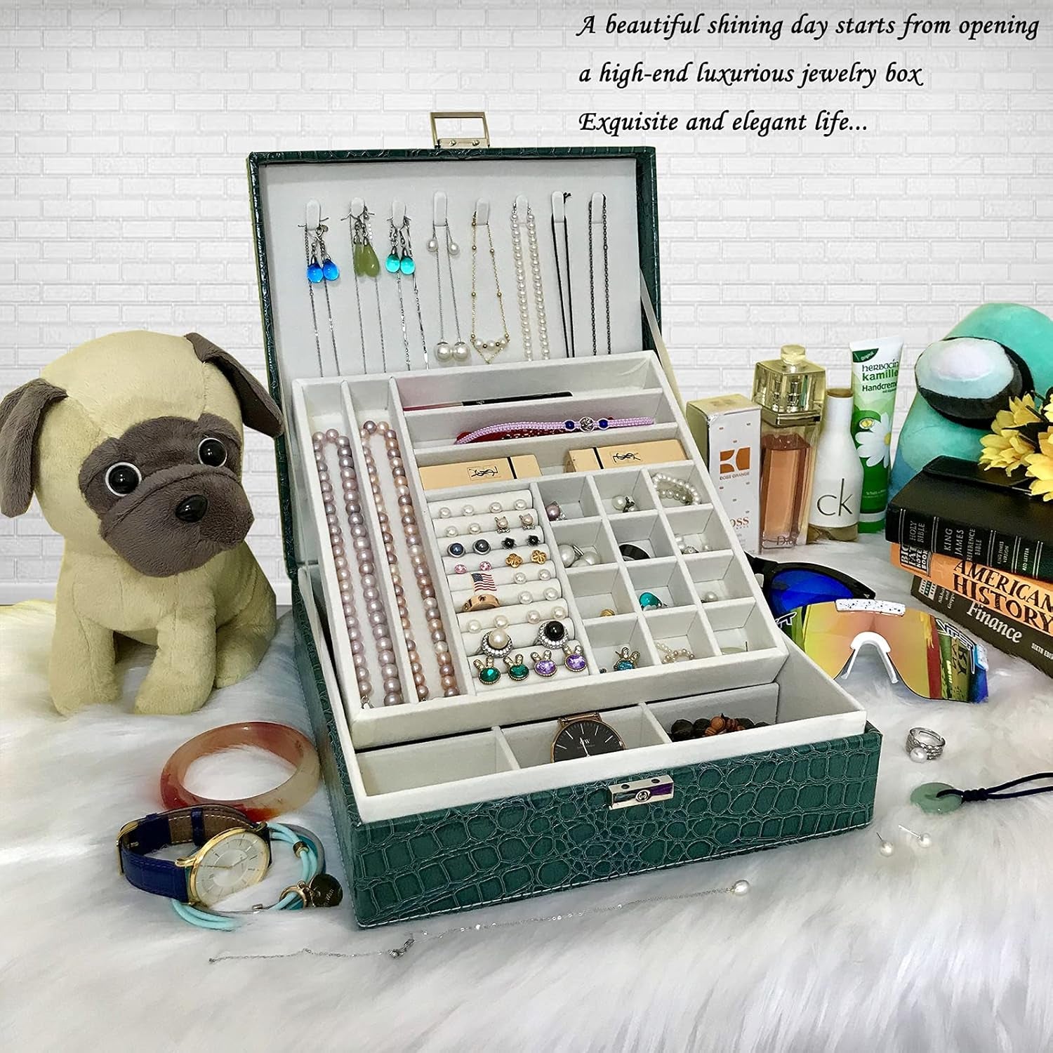 Jewelry Boxes for Women, Women'S Jewelry Boxes Organizer for Mother'S Day Gift, Two Layers Womens Black Leather Jewelry Box with Lock and Key (Green)