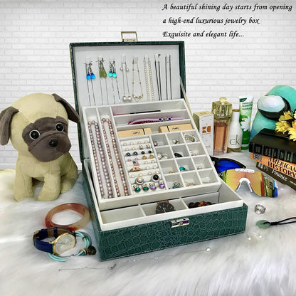 Jewelry Boxes for Women, Women'S Jewelry Boxes Organizer for Mother'S Day Gift, Two Layers Womens Black Leather Jewelry Box with Lock and Key (Green)