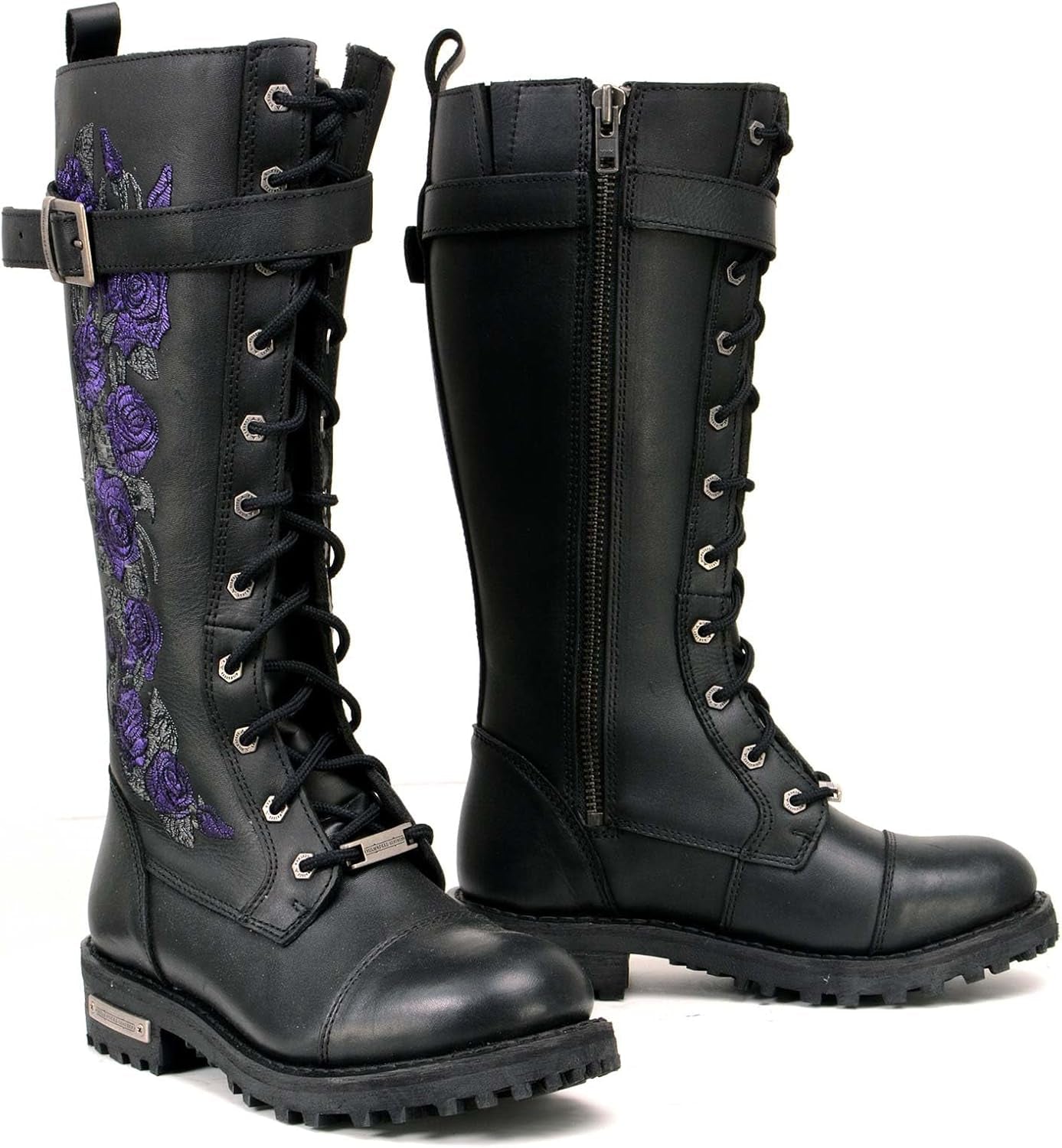 MBL9357 Women'S Black 14” Tall Motorcycle Boots Lace-Up High-Rise Purple Embroidered Leather Shoe - 9