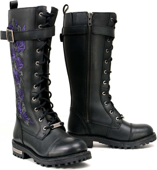 MBL9357 Women'S Black 14” Tall Motorcycle Boots Lace-Up High-Rise Purple Embroidered Leather Shoe - 9
